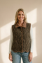 Khaki Stitched Leopard Print Corduroy Trim Contrast Collar Patchwork Vest