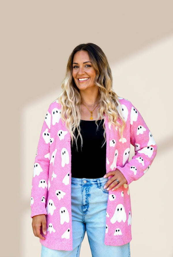 Women's Ghost Pattern Knit Cardigan in Bonbon Pink made for easy styling and wardrobe coordination, with premium-like structure and finish.