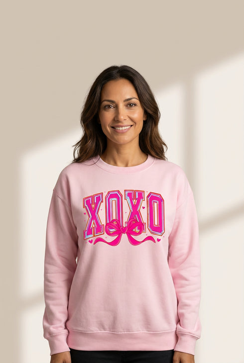 Pink XOXO Valentines Day Heart Ribbon Bow Printed Pullover Sweatshirt