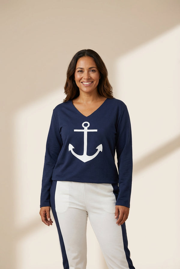 Women's Nautical Anchor Print V-Neck Lounge Set & Slim Trousers