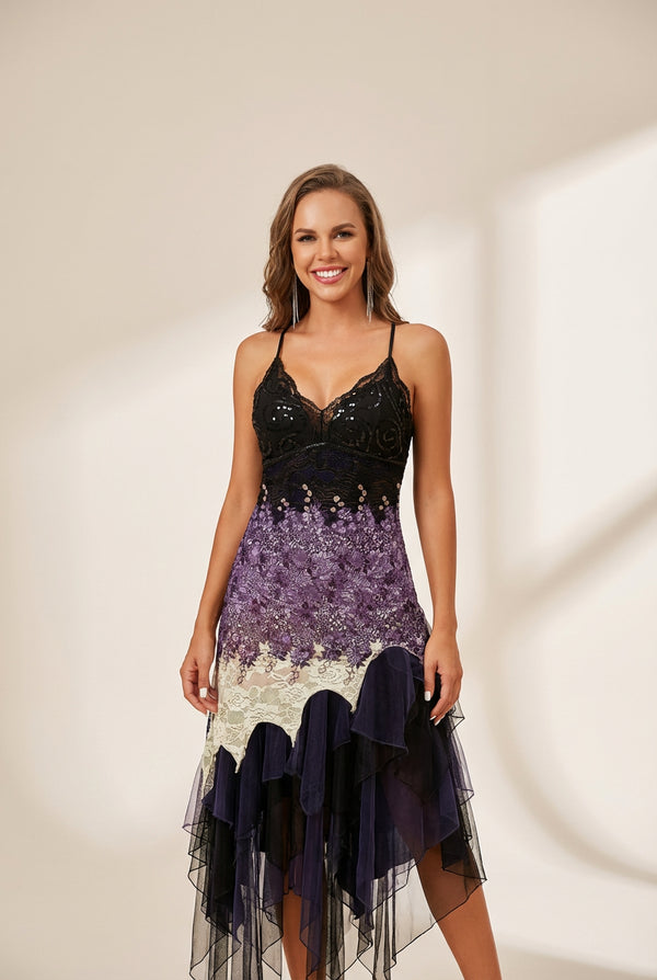 Women's Embroidered Lace Irregular Hem Midi Cocktail Dress