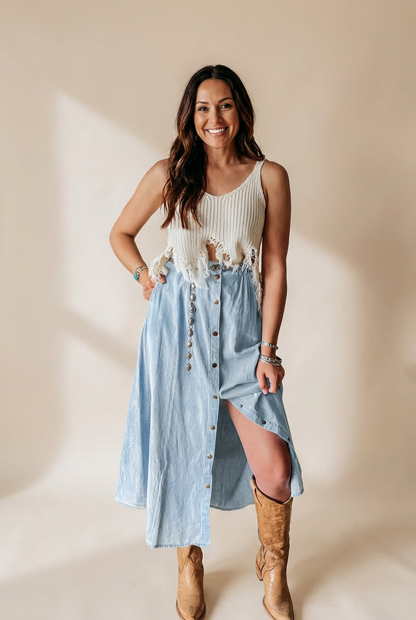 Women's Cotton-Linen Button-Front A-Line Maxi Skirt in Chambray