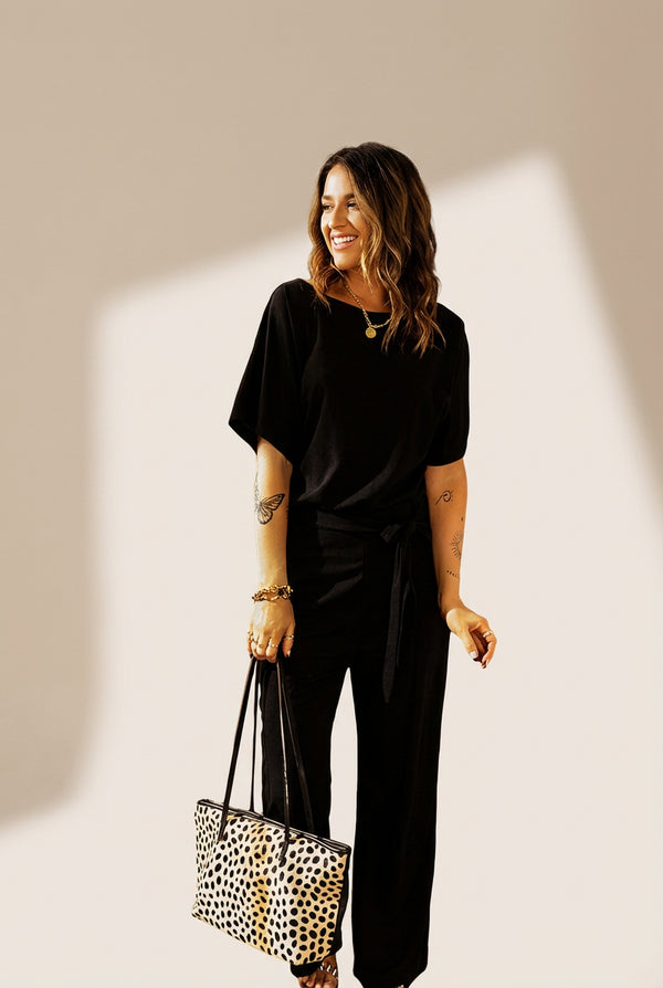 Women's Loose Waist Wide Leg Jumpsuit Set with Back Buttons