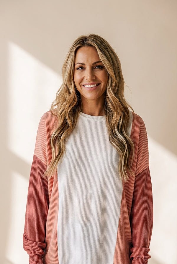Women's Pale Chestnut Ribbed Color Block Long Sleeve Top made