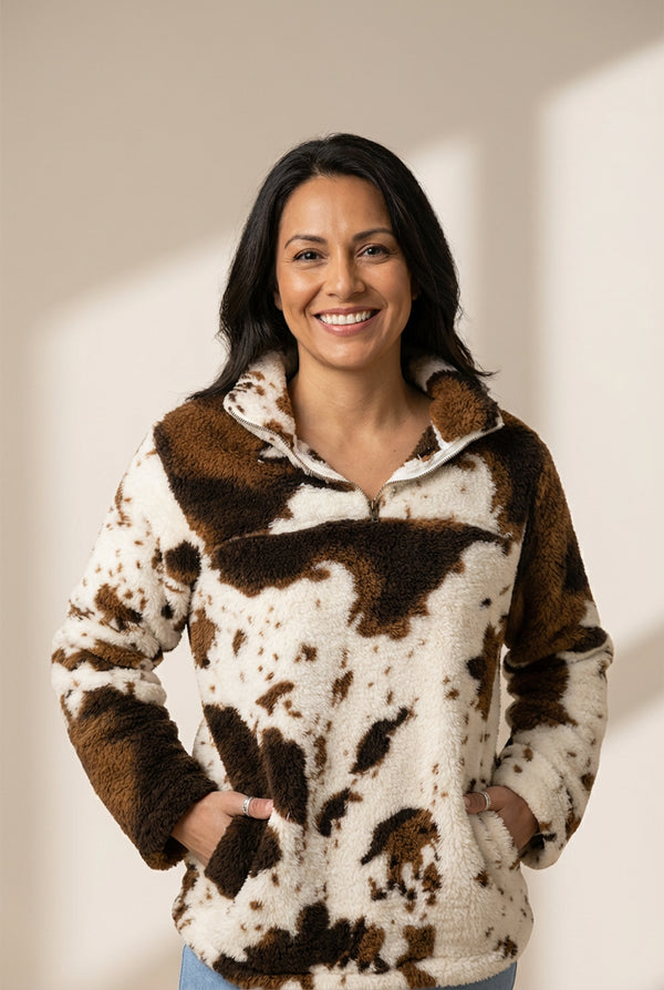 Women's Cow Print Zip Collar Fleece Sweatshirt