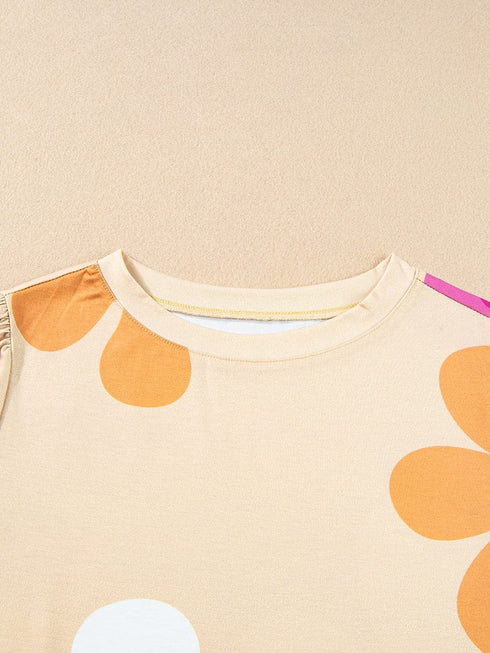 Apricot Blossom Bubble Sleeve T-shirt with Floral Print