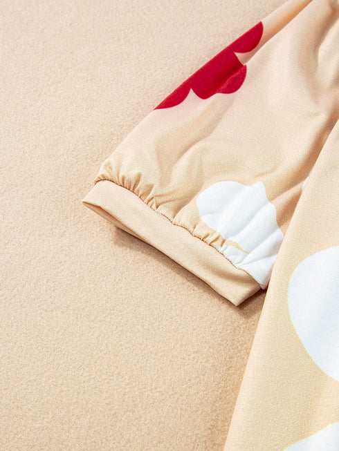 Apricot Blossom Bubble Sleeve T-shirt with Floral Print