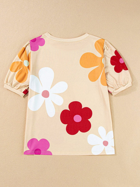 Apricot Blossom Bubble Sleeve T-shirt with Floral Print