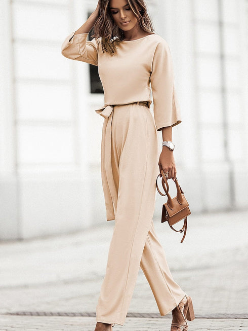 Apricot Bracelet Sleeve Waist Tie Wide Leg Jumpsuit