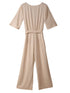 Apricot Bracelet Sleeve Waist Tie Wide Leg Jumpsuit