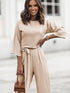 Apricot Bracelet Sleeve Waist Tie Wide Leg Jumpsuit