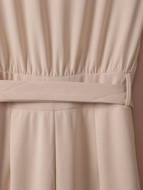 Apricot Bracelet Sleeve Waist Tie Wide Leg Jumpsuit