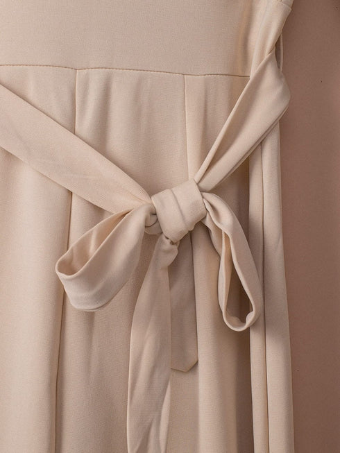 Apricot Bracelet Sleeve Waist Tie Wide Leg Jumpsuit