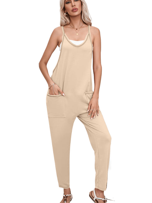 Apricot Casual Sleeveless Harem Jumpsuit with Side Pockets