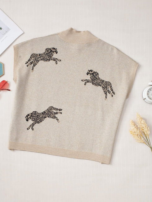 Apricot Cheetah Print High Neck Short Sleeve Sweater - Southern Belle Style