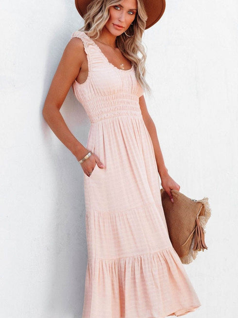 Apricot Flounce A-line Midi Dress with Smocked Waist