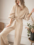 Apricot Keyhole Back V Neck Tie Waist Loose Jumpsuit