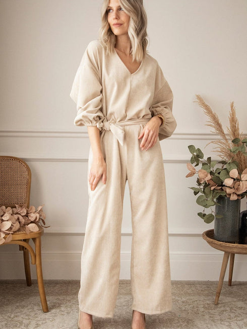 Apricot Keyhole Back V Neck Tie Waist Loose Jumpsuit