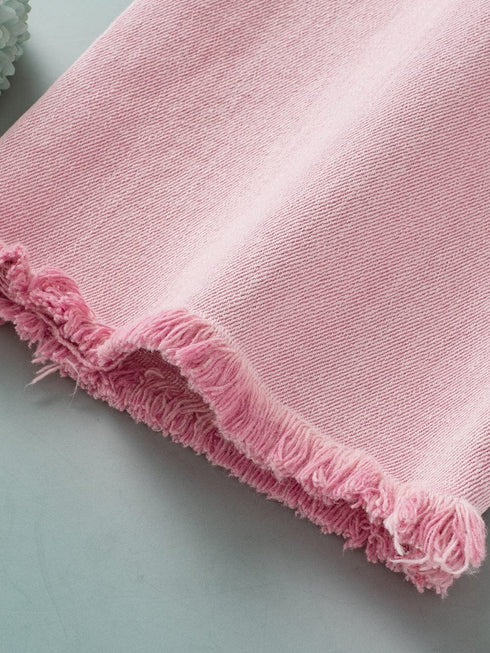 Apricot Pink Mid-Waist Flare Crop Jeans with Button Closure