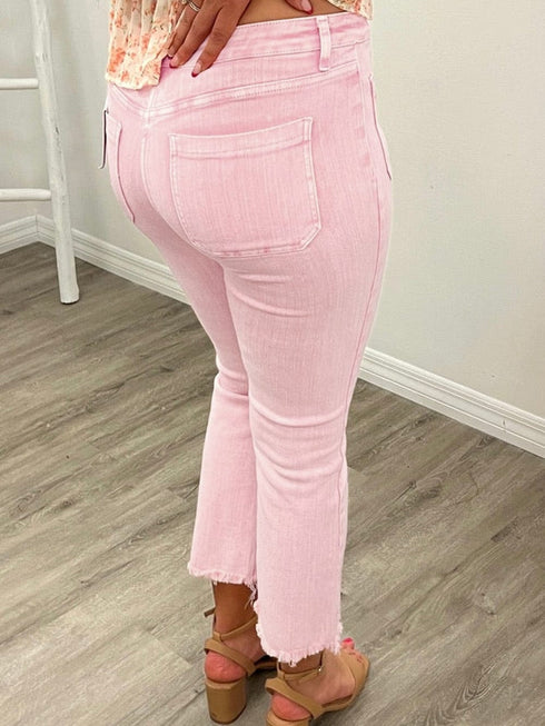 Apricot Pink Mid-Waist Flare Crop Jeans with Button Closure