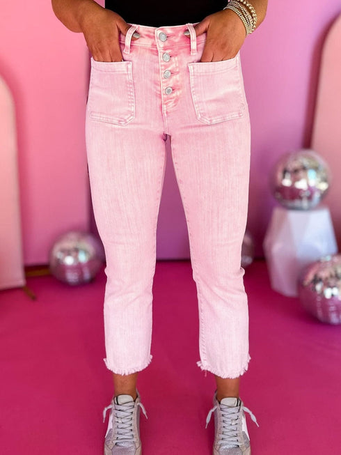 Apricot Pink Mid-Waist Flare Crop Jeans with Button Closure
