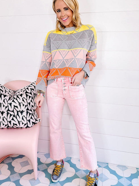 Apricot Pink Mid-Waist Flare Crop Jeans with Button Closure