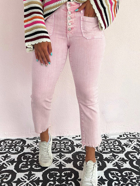 Apricot Pink Mid-Waist Flare Crop Jeans with Button Closure