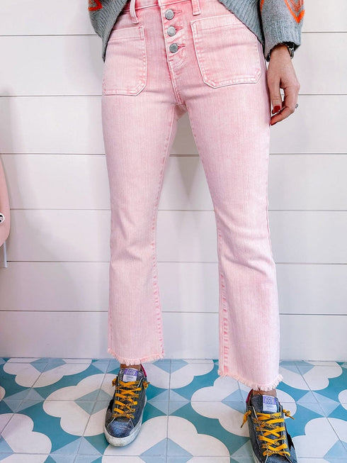 Apricot Pink Mid-Waist Flare Crop Jeans with Button Closure