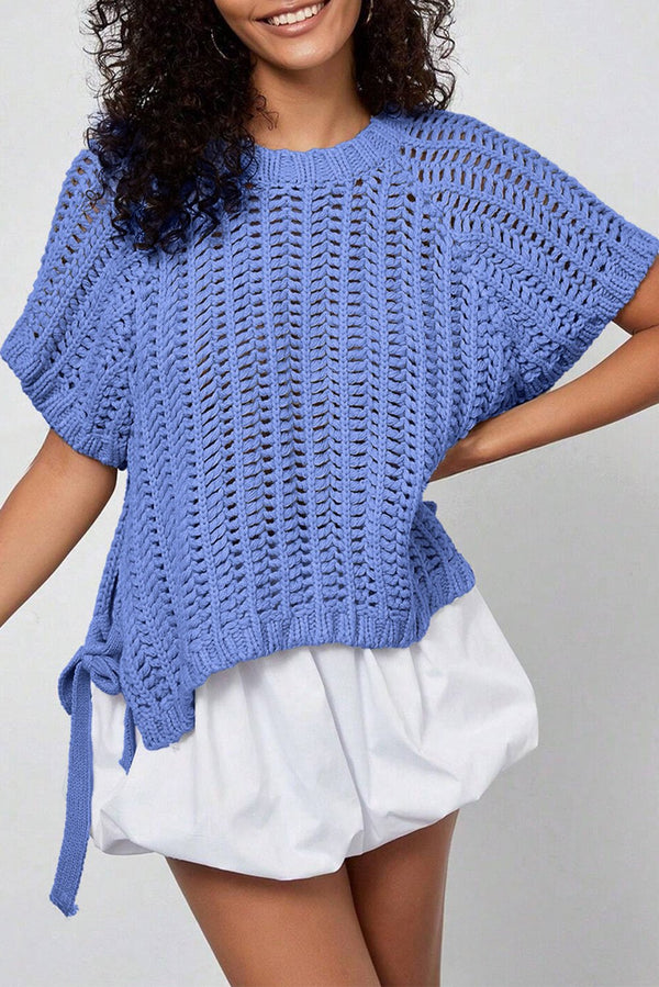Women's Ashleigh Blue Open Knit Short Sleeve Sweater with Side Ties