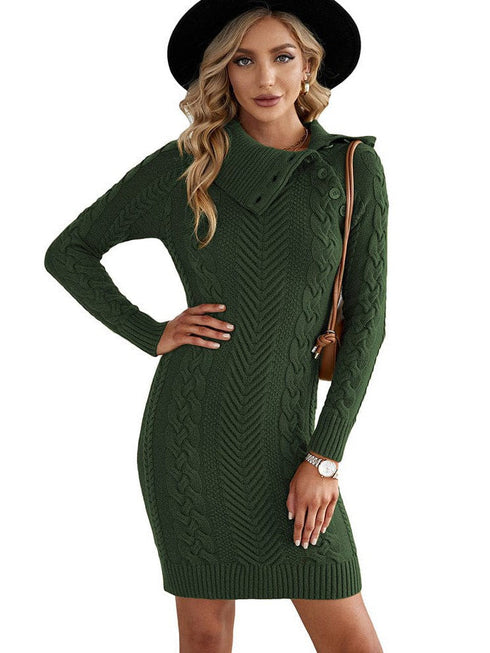 Asymmetric Button Cable Knit Long Sleeve Midi Sweater Dress