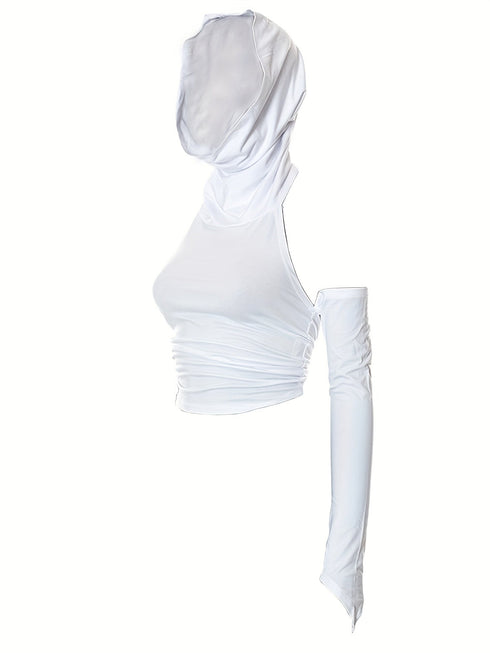 Asymmetrical Halter Neck Backless Ruched Crop Hoodie