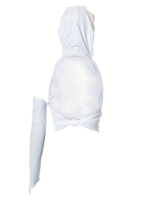 Asymmetrical Halter Neck Backless Ruched Crop Hoodie