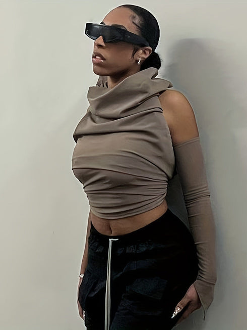 Asymmetrical Halter Neck Backless Ruched Crop Hoodie