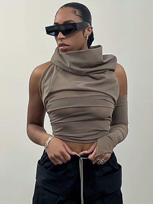 Asymmetrical Halter Neck Backless Ruched Crop Hoodie