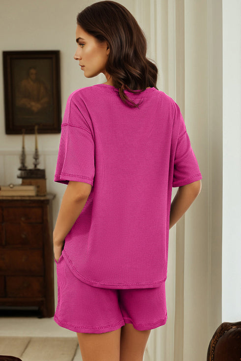 Rose Red Solid Color Waffled V Neck Loose Tee Drawstring Shorts Set