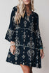 Blue Boho Floral Print Lettuce Trim 3/4 Sleeve Mini Dress