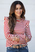 Red Stripe Round Neck Ruffle Trim Long Sleeve Top