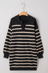 Black Stripe Polo Collar Puff Sleeve Sweater Mini Dress