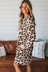 Khaki Leopard Long Sleeve Shift T Shirt Dress with Pockets