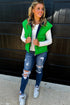 Green Color Block Liner Patchwork Snap Button Zip Up Winter Vest