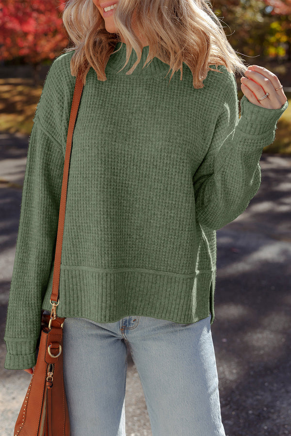 Mist Green Waffle Texture Knit Ribbed High Neck Drop Shoulder Sweater