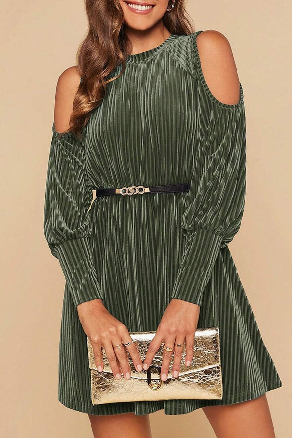 Mist Green Velvet Textured Cold Shoulder Bishop Sleeve Flared Mini Dress