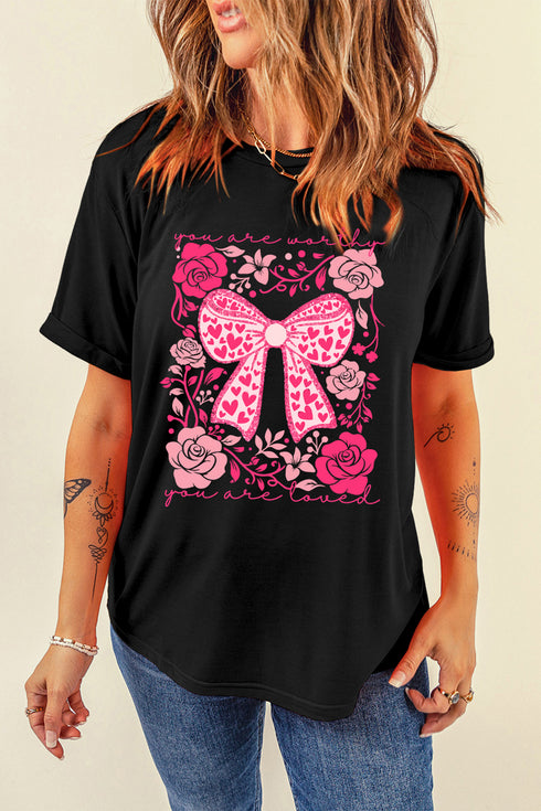 Black Valentines Day Slogan Floral and Bow Printed T Shirt