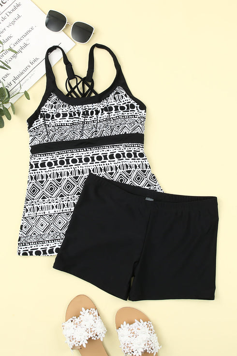 monochrome-geometry-print-sporty-tankini-swimsuit