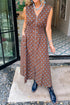 Brown Polka Dot Print Contrast Trim V Neck Zip Up Sleeveless Dress