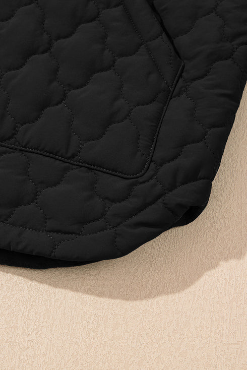 Black Flower Shape Quilted Snap Button Zip Up Winter Vest