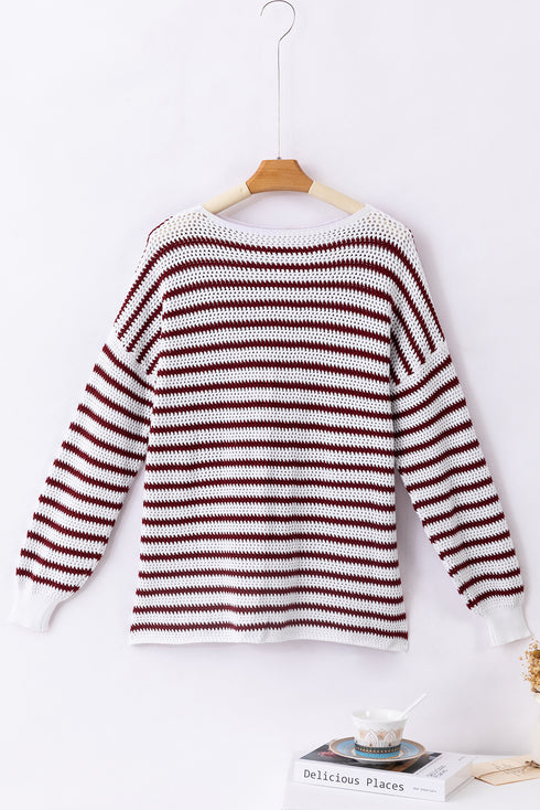 Fiery Red Striped Knit Split Hem Baggy Sweater