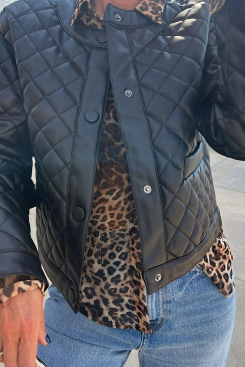 Black Faux Leather Quilted Snap Button Winter Jacket