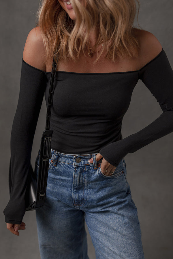 Black Solid Color Off-the-shoulder Long Sleeve T Shirt