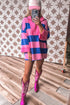 Pink Striped Color Block Zip Neck Patchwork 3/4 Sleeve Loose T Shirt Mini Dress